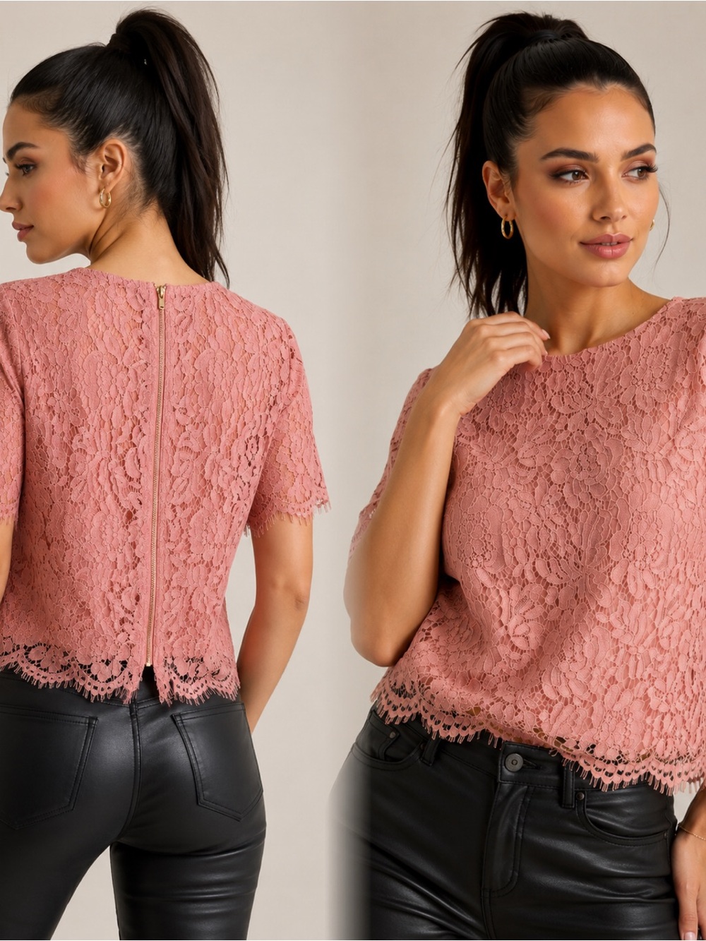 Lace Short-Sleeve Top in Dusty Rose